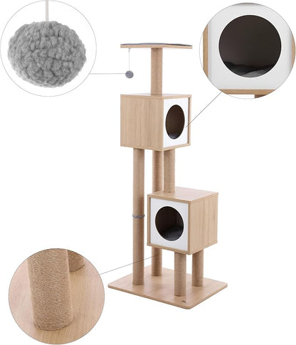 CTR1011A Sawyer 56" 3-Tier Minimalist Jute Cat Tree Condo with Scratching Posts, and Fuzzy Toy, Brown/White