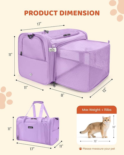 MIDOG Cat Carrier Soft, TSA Approved Airline Travel Carrier for Cats and Small Dogs, Under Seat Pet Bag with Expandable Space & Escape-Proof Zippers (Lavender)