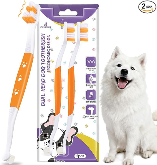 Dog Toothbrush – Newly Upgraded Dual-Head Design with 60° Wavy Bristles–Gently Surrounds Teeth for Deep Cleaning and Plaque Removal – Non-Slip Handle, Ideal for Daily Pet Dental Care (Orange, 2-Pack)
