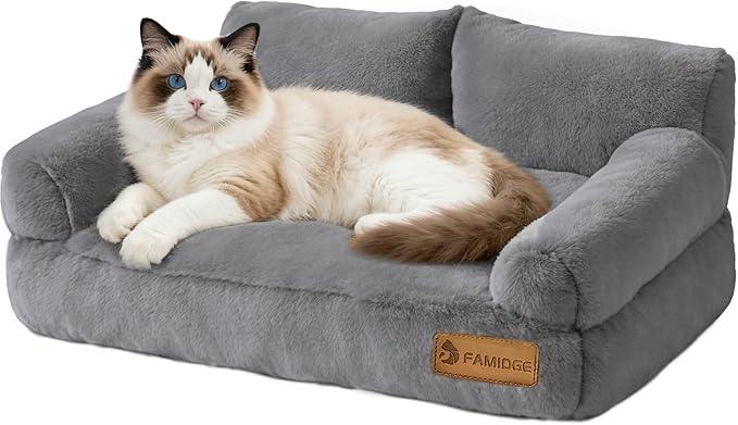 Cat Couch Bed - Cat Bed for Indoor Cats, Calming Pet Sofa Puppy Sleeping Bed with Removable Washable Cover, Cute Dog Couch and Kitty Lounge Chair for 20lbs Cats & Small Dogs(Light Grey)