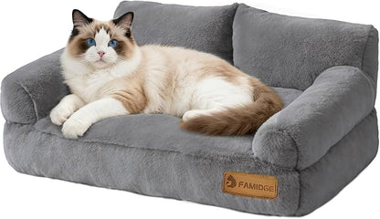 Cat Couch Bed - Cat Bed for Indoor Cats, Calming Pet Sofa Puppy Sleeping Bed with Removable Washable Cover, Cute Dog Couch and Kitty Lounge Chair for 20lbs Cats & Small Dogs(Light Grey)