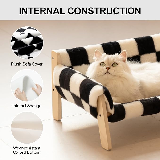 MEWOOFUN Cat Couch Bed, Pet Sofa for Indoor Cats Wooden Indoor Elevated Cat Beds with Removable Mattress Cover Suitable for Kitty, Puppy or Small Animal (Chessboard, Medium)