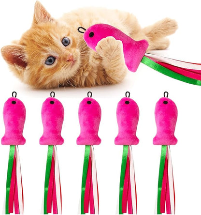 Cat Toys Pink Fish, 5PCS Catnip Toys for Cats, Flopping Cat Fish Toy Filled Soft Plush, Cat Feather Wand Accessories with Ribbons, Interactive Cat Toys for Indoor Cats Kitten Play Exercise Chew