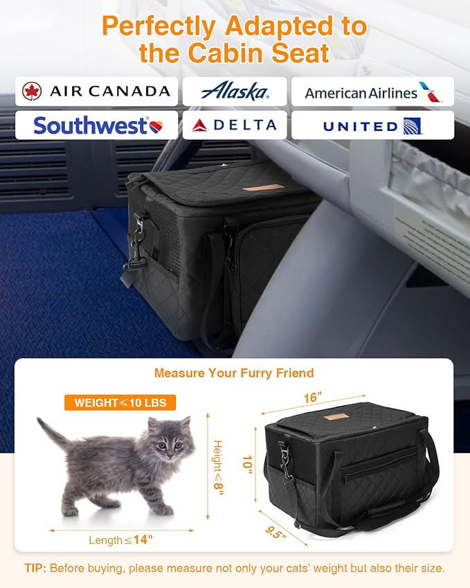 PETUX Collapsible Airline Approved Cat Carrier - 16" x 10" x 9.5", Double Anti-Escape, Small Pet Travel Bag for Small Cats Under 10 lb with Removable Snack Bag, Safety Buckle ＆ Leash - Black