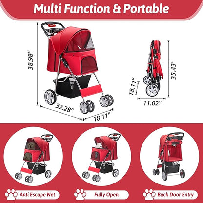 Azaeahom Pet Stroller, 4 Wheels Pet Strolling Cart for Medium/Small Dogs and Cats, Foldable Cat Jogger/Dog Stroller with Cup Holder, Storage Basket, Breathable Mesh, All-Season Pet Carrier, Red