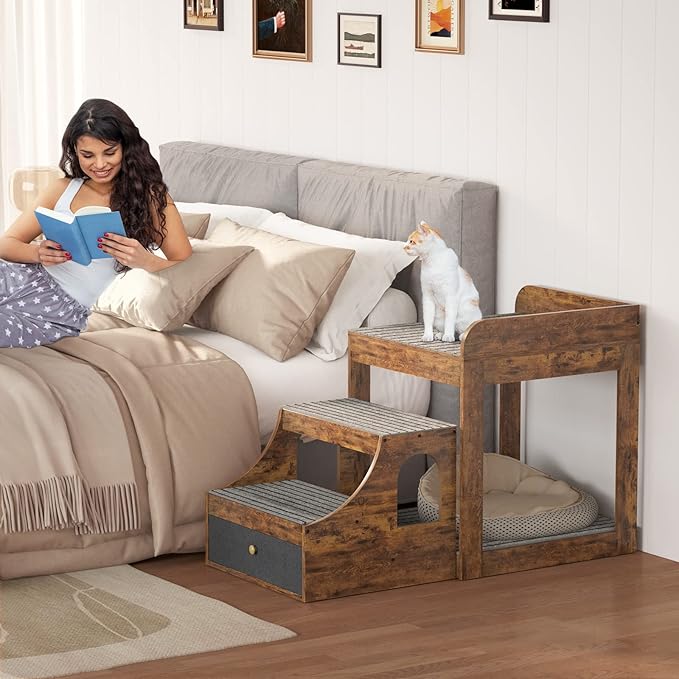 Cyclysio Super Large Multi-Level Pet Bunk Bed with Stairs, Rustic Platform Seat for Cats, Home Indoor Use, Large Size, Includes Mats and Drawers