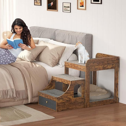 Cyclysio Super Large Multi-Level Pet Bunk Bed with Stairs, Rustic Platform Seat for Cats, Home Indoor Use, Large Size, Includes Mats and Drawers