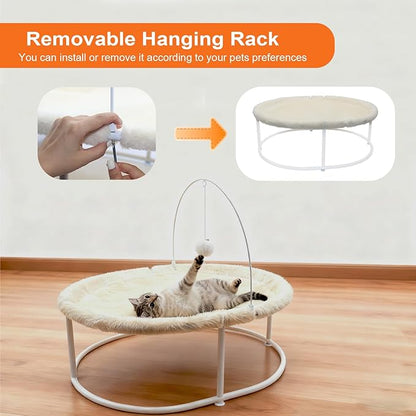Elevated Cat Hammock Bed - 66LBS Weight Capacity Cat Bed for Large Indoor Cats & Small Dogs, All-Season Plush & Breathable Mesh Mat, Raised Pet Supplies with Sturdy Metal Frame, Cream White
