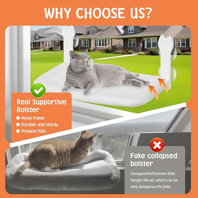 2 Pack Cat Window Perch,Cat Window Hammock Cordless Foldable Window Bed with 4 Large Strong Suction Cup,Reversible Cushion Cover,Metal Frame Easy to Adjust Window Seat Holds up to 40lbs(White，M)