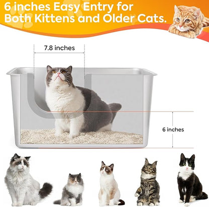 Yangbaga Extra Large Stainless Steel Litter Box, Leak Proof 12 Inches High Sides for Urine & Litter Trapping, Easy Entry for Kittens, Older Cats,Non-Stick,Non-Slip,No Sharp Edges