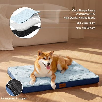 Patas Lague Orthopedic XL Dog Bed Large Sized Dog 48''X30'', Waterproof Soft Comfortable Egg Crate Foam Large Pet Beds Crate Mat with Removable Washable Cover and Nonskid Bottom, Blue