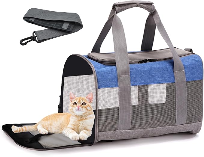 Soft Sided Pet Carrier for Cat,Airline Approved Cat Carriers Collapsible Portable Kitten Travel Crate Breathable Ventilated Grey Blue Puppy Carrying Bag Under to 12 Lb