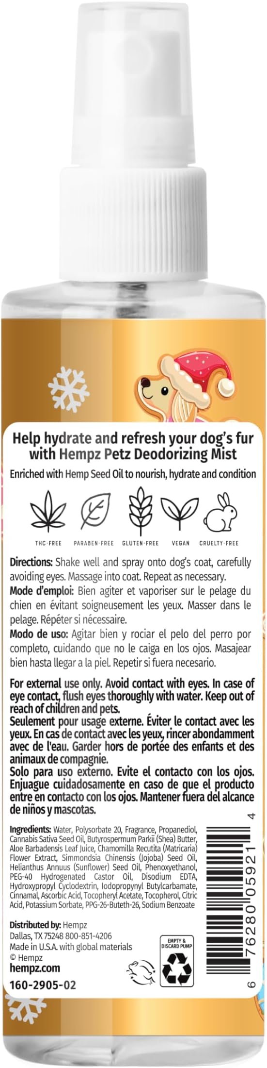 Hempz Petz Deodorizing Dog Spray, Vanilla Sugar Cookie Scent, Hydrating Spray 4.22 oz