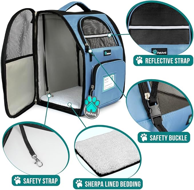PetAmi Dog Backpack Carrier for Small Large Cat, Pet, Puppy, Ventilated Pet Hiking Backpack Travel Bag, Airline Approved Cat Backpack Carrier, Camping Biking Dog Bag Up to 18lbs Pet, Light Blue