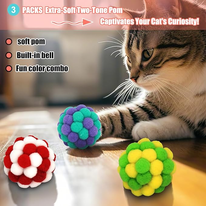 Cat Toys Balls 3 Jingle Bell Ball & 3 Soft Pom Pom Balls Interactive Kitten Toys for Hunting Kicking, Handmade Small 1.8” & Large 2.1” for Cats Kittens 6 Pack