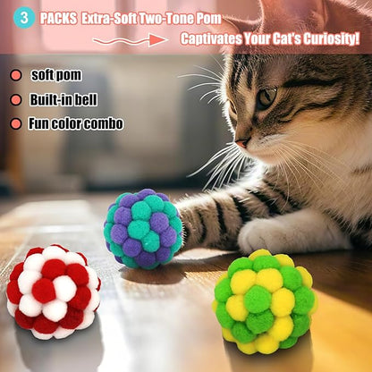 Cat Toys Balls 3 Jingle Bell Ball & 3 Soft Pom Pom Balls Interactive Kitten Toys for Hunting Kicking, Handmade Small 1.8” & Large 2.1” for Cats Kittens 6 Pack