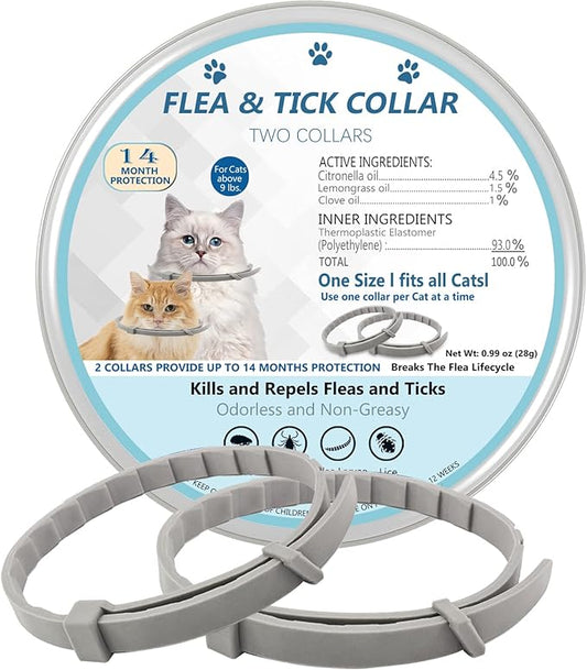 Flea and Tick Collar for Cats, 2 Pack Flea Collar for Cats, Offers 12 Months Protection, Waterproof, Adjustable, One Size Fits All Cat