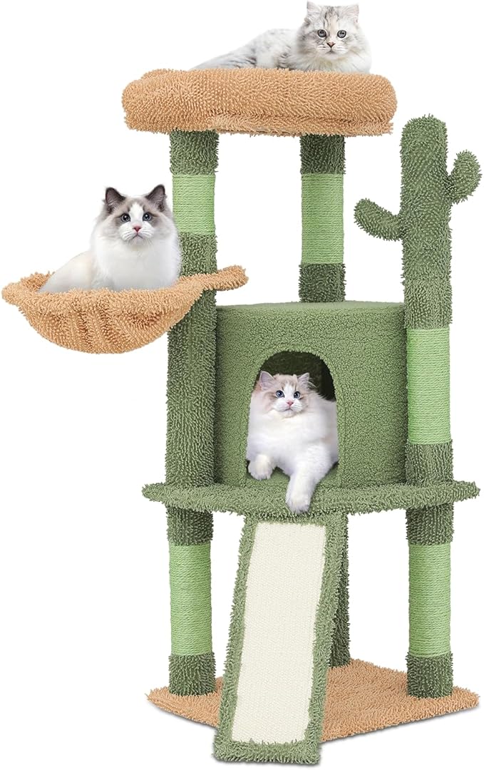 Athena Collection Small Cat Tree Tower with Scratching Post, 42 Inch Modern Cute Cat Tree Condo with Cozy Perch Basket Hanging Ball Climbing Ramp for Kittens Indoor Climbing, Light Green