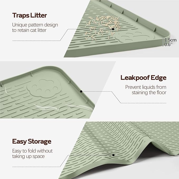 Cat Litter Mat, XL Extra Large 40" x 40" Silicone Mat Litter Trapping Mat for Scatter Control, Soft on Kitty Paws, Easy to Clean (Green)