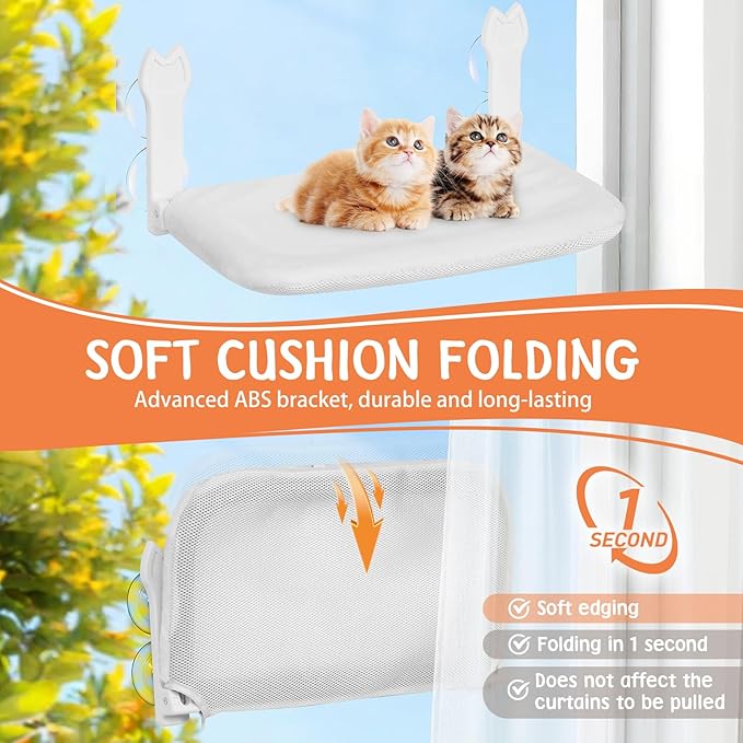 2 Pack Large Size Cat Window Perch,Cat Window Hammock Cordless Foldable Window Bed with 4 Large Strong Suction Cup,Reversible Cushion Cover,Metal Frame Easy to Adjust Window Seat (White，L)