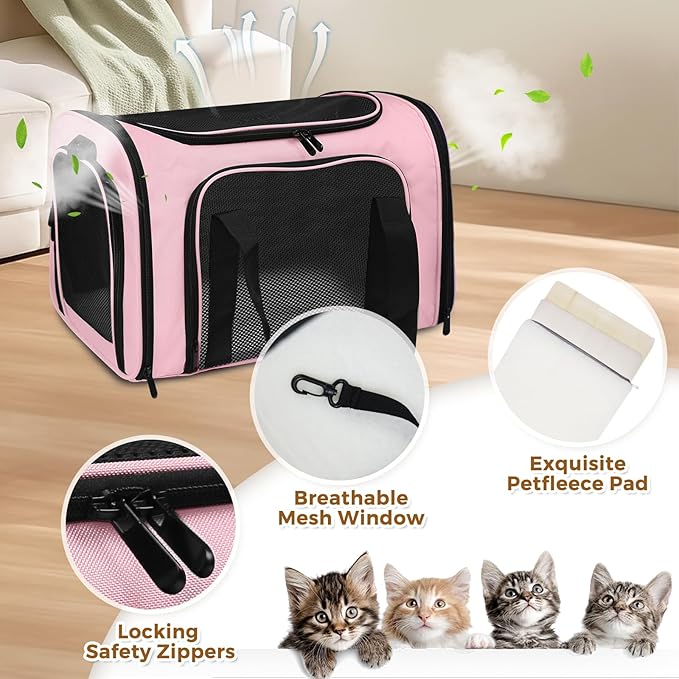 Cat Carrier Soft for Pets Up to 15 Lbs, Cat Travel Bag Soft-Sided with Padded Shoulder Strap, Pet Dog Carriers for Small Dogs Travel Puppy Carry Airline Approved, Pink