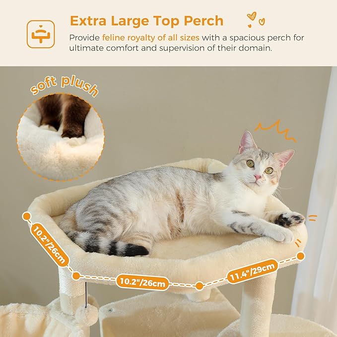 PAWZ Road Tall Cat Tower, 70 Inch Cat Tree with Hammock, 5 Scratching Posts, 2 Condos and a Large Top Perches for Large Cats-Beige