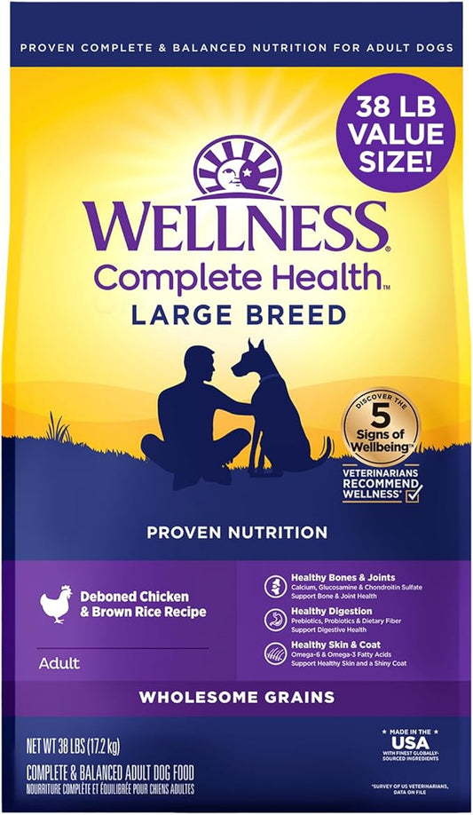 Wellness Complete Health Dry Dog Food, Large Breed, Wholesome Grains, Chicken & Brown Rice Recipe, (38-Pound Bag)
