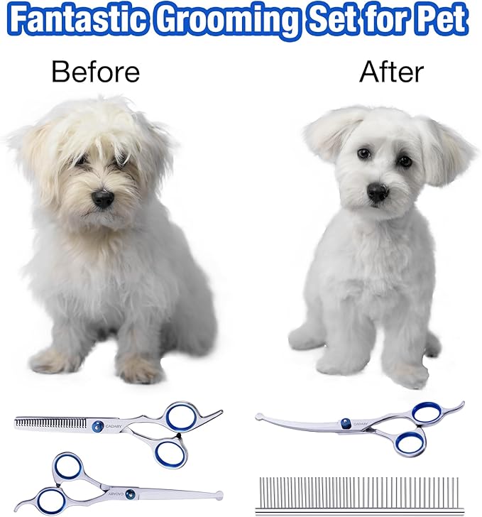 Dog Grooming Scissors with Safety Round Tips, 5 in 1 Dog Grooming Scissors Kit, 4CR Stainless Steel Professional Pet Grooming Shears for Cat, Sharp and Sturdy