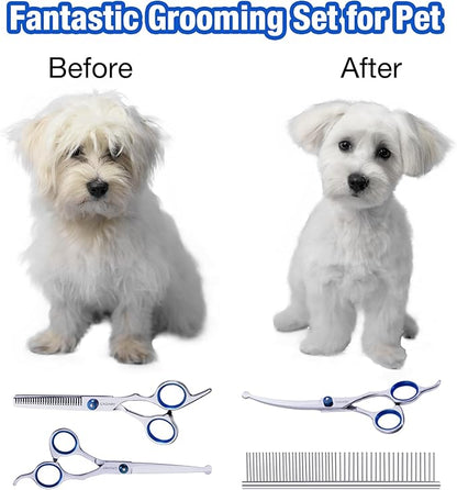 Dog Grooming Scissors with Safety Round Tips, 5 in 1 Dog Grooming Scissors Kit, 4CR Stainless Steel Professional Pet Grooming Shears for Cat, Sharp and Sturdy