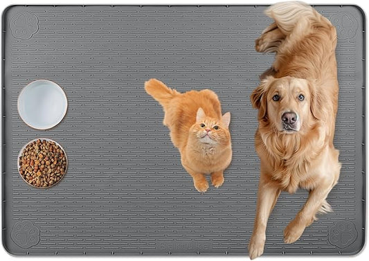Bartuke Cat Food Mat, 34" x 22" Large Silicone Pet Feeding Mat for Food and Water Bowls Non-Slip, Easy to Clean (Dark Grey)