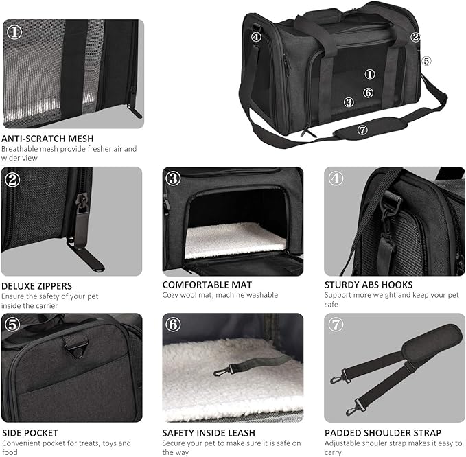 Large Soft Sided Cat and Pet Carrier for Cats and Puppies up to 25Lbs - Collapsible, Waterproof Travel Carrier - Black