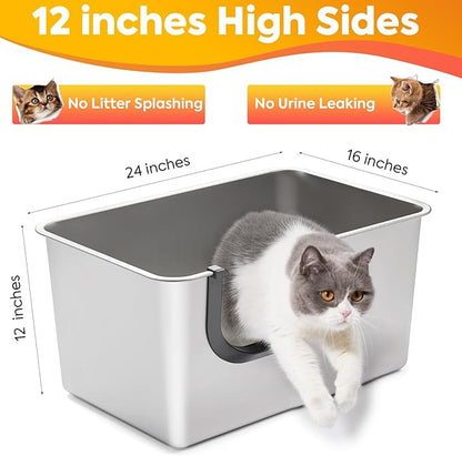 Yangbaga Extra Large Stainless Steel Litter Box, Leak Proof 12 Inches High Sides for Urine & Litter Trapping, Easy Entry for Kittens, Older Cats,Non-Stick,Non-Slip,No Sharp Edges