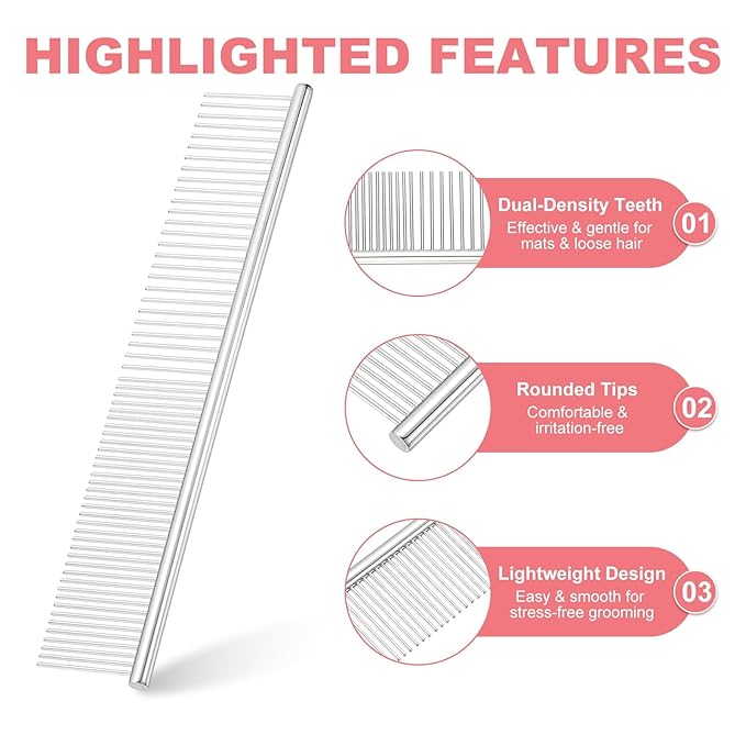 Dog Cat Comb, Pet Combs Stainless Steel Teeth with Rounded Ends for Knots Mats Loose Hair Removal, 6.5/7.5IN (Silver, 2 Pack), Grooming Tool Intended for Long Curly Hair Pet