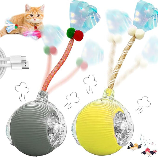 Christmas Stocking Stuffer Speedy 2.0 Tail 2 Packs Interactive Cat Toys for Indoor Cats, Automatic Cat Toy with Elastic Mesh Tail, Electric Rolling Ball on Carpet, Chirping and Motion Activate Cat