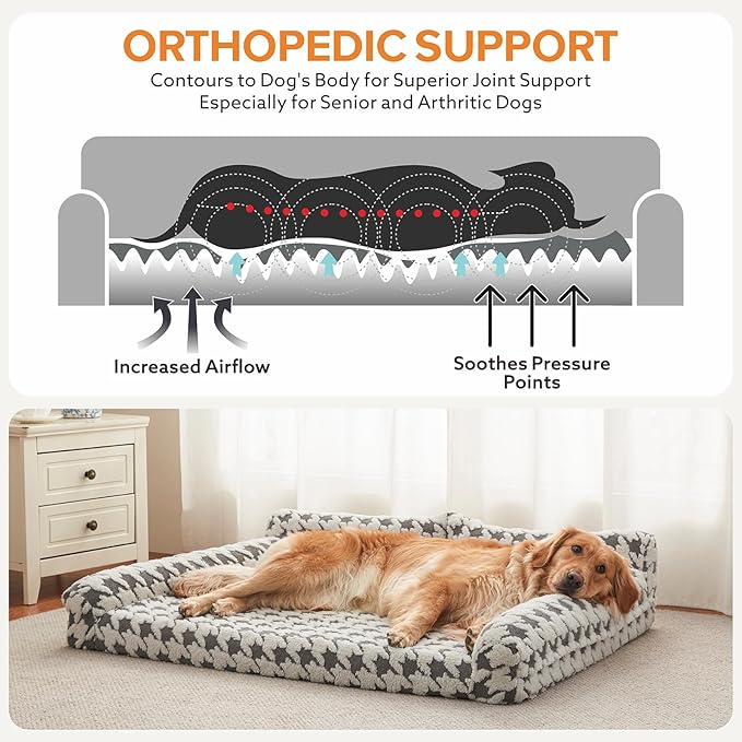 FURTIME Orthopedic Dog Beds Large Sized Dog, XL Washable Memory Foam Pet Couch Bed with Removable Washable Cover, Non-Slip Bottom with Bolster Sides, Grey