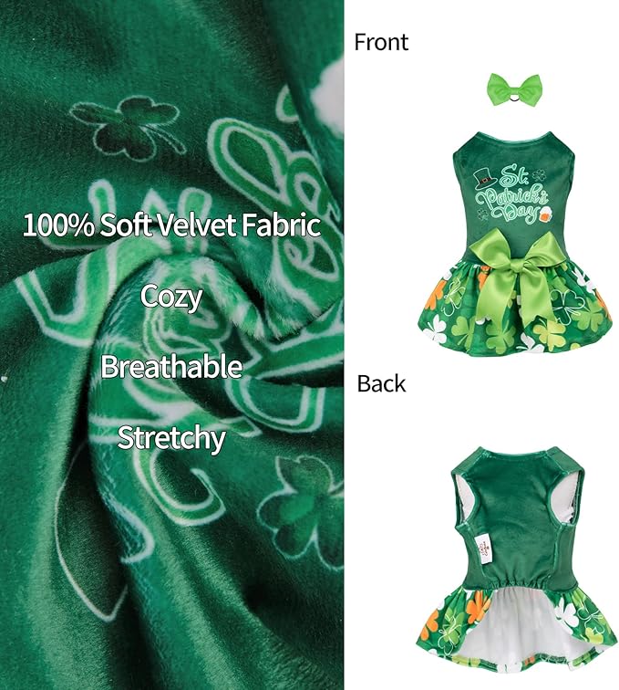 CuteBone St.Patrick's Day Dog Green Dress Velvet for Small Dogs Girl Puppy Dresses Clover Dog Clothes CVA13M-D