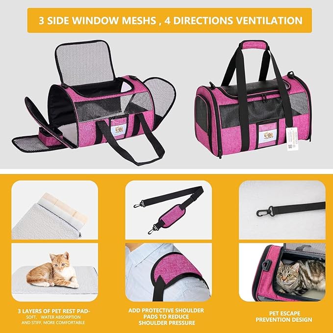 Cat Carrier Pet Carrier Airline Approved for Small Dogs Medium Cats Puppies 15 Lbs Dog Carrier with Reflective Strip, Collapsible Soft Sided Cat Travel Carriers - Rose Red