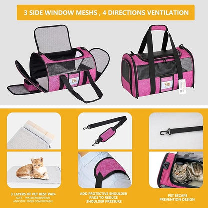 Cat Carrier Pet Carrier Airline Approved for Small Dogs Medium Cats Puppies 15 Lbs Dog Carrier with Reflective Strip, Collapsible Soft Sided Cat Travel Carriers - Rose Red