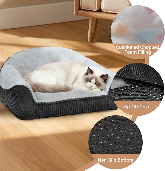 Cat Couch for Puppy, Kitten, and Small Pets - Soft Faux Rabbit Fur Pet Sofa with Washable Removable Cover, Non-Slip Fuzzy Plush Cushion, 28"X23"x10"