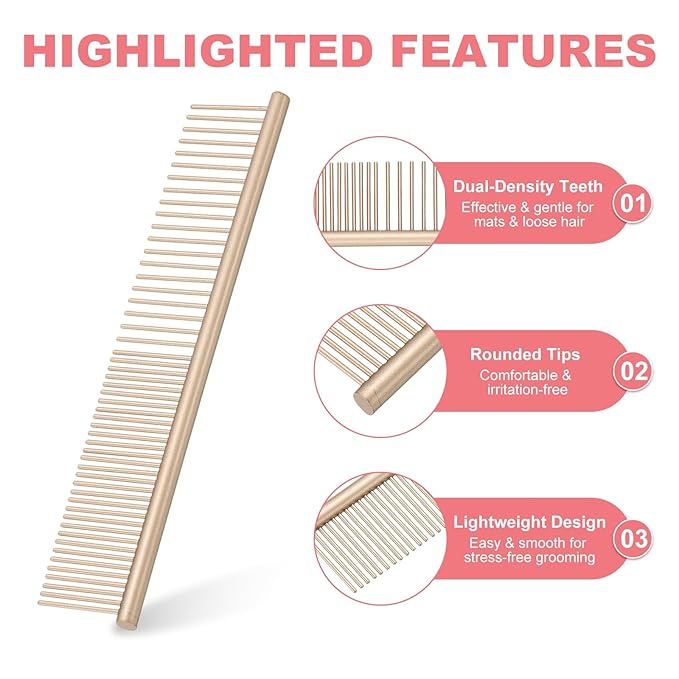 Dog Cat Comb, Pet Combs Stainless Steel Teeth with Rounded Ends for Knots Mats Loose Hair Removal, 6.5IN (Gold Coated, 3 Pack), Grooming Tool Intended for Long Curly Hair Pet