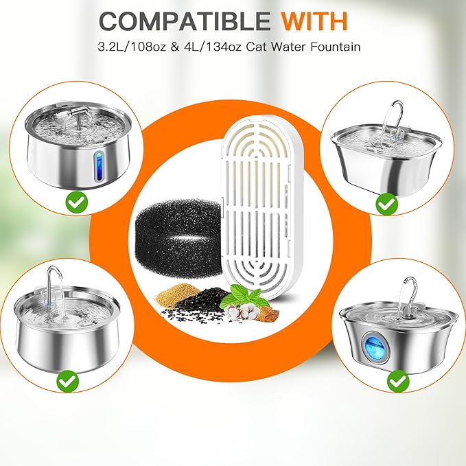 Cat Water Fountain Filters for 108/3.2L& 4L/134oz Stainless Steel Pet Water Dispenser Fountain Filters (6 Filters& 6Sponges) (9 Filters& 9 Sponges)