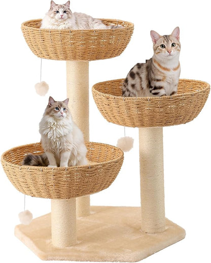 Modern Rattan Cat Tree House Condo Climbing Tower with Scratching Post for Indoor Large Adult Cat