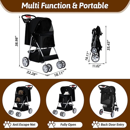 Pet Stroller, 4 Wheels Pet Strolling Cart for Medium/Small Dogs and Cats, Foldable Cat Jogger/Dog Stroller with Cup Holder, Storage Basket, Breathable Mesh, All-Season Pet Carrier, Black