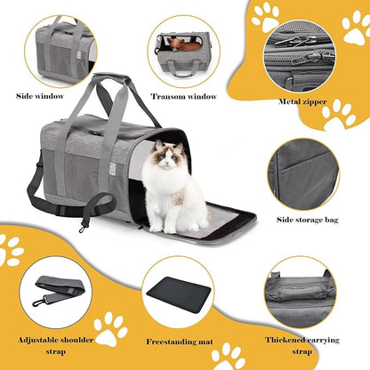 Pet Carrier Bag for Cats,Cat Soft-Sided Carriers Collapsible Ventilated Breathable Puppy Carrier for Small Dogs Airline Approved Kitty Carrier for Small Medium Cat Puppy Under to 12 Lb(Grey)