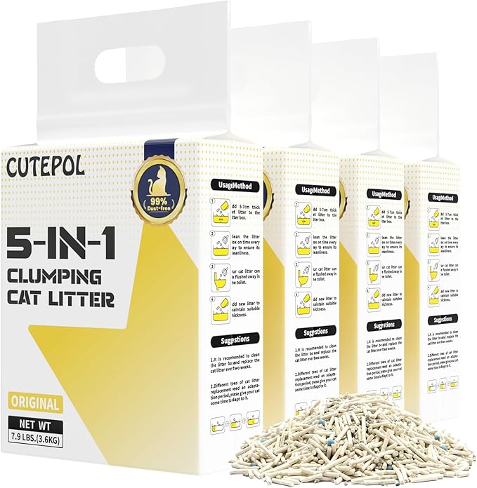 Mixed 5-in-1 Clumping Cat Litter 31.6 lb, Odor Control and Rapid Clumping, Water Absorbent and Flushable, Dust-Free, Multi-Cat, Bentonite Tofu Cat Litter, Original, 7.9lb/Bag