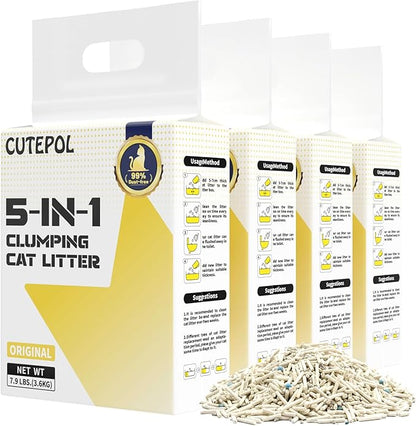 Mixed 5-in-1 Clumping Cat Litter 31.6 lb, Odor Control and Rapid Clumping, Water Absorbent and Flushable, Dust-Free, Multi-Cat, Bentonite Tofu Cat Litter, Original, 7.9lb/Bag