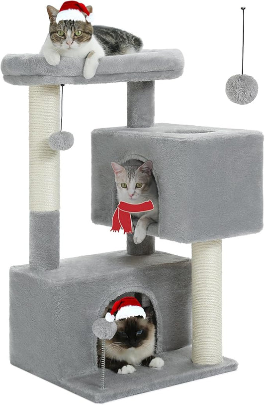 32" Cat Tree Tower for Indoor Cats - 2 Cozy Condos, Multi-Level Cat Scratching Posts with Sisal, Soft Padded Perch, 2 Dangling Toys, Light Grey