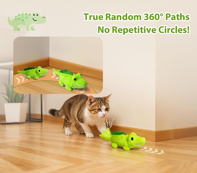 Interactive Cat Toys for Indoor Cats - Self-Charging Croc Chase Toy with 360° Motion, Wagging Tail & Catnip, Automatic Exercise Toy for Bored Kittens/Adults(Set)