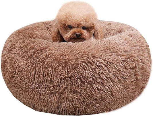 BODISEINT Modern Soft Plush Round Pet Bed for Cats or Small Dogs, Mini Medium Sized Dog Cat Bed Self Warming Autumn Winter Indoor Snooze Sleeping Cozy Kitty Teddy Kennel (24'' D x 8'' H, Coffee)