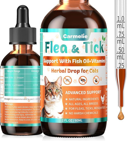 Flea and Tick Support for Cats, Natural Cat Flea Liquid Drops, Flea & Tick Supplement with Vitamins & Fish Oil for Cats - All Breeds, Kittens to Senior Cat - Chicken Flavor